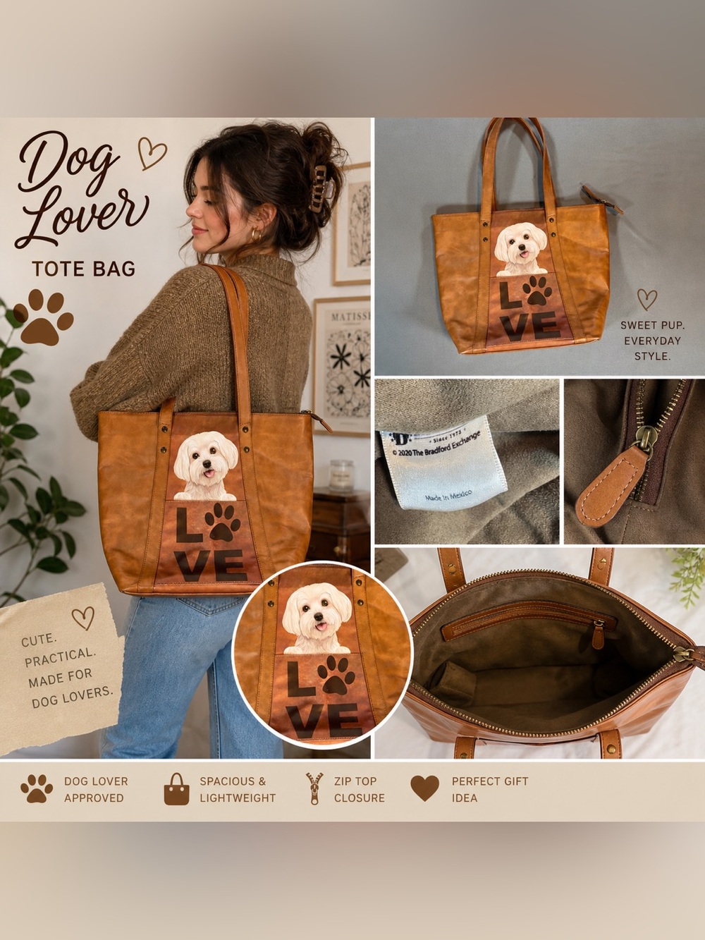 The Bradford Exchange Tan Brown Faux-Leather 'LOVE' Dog Tote with Paw Graphic